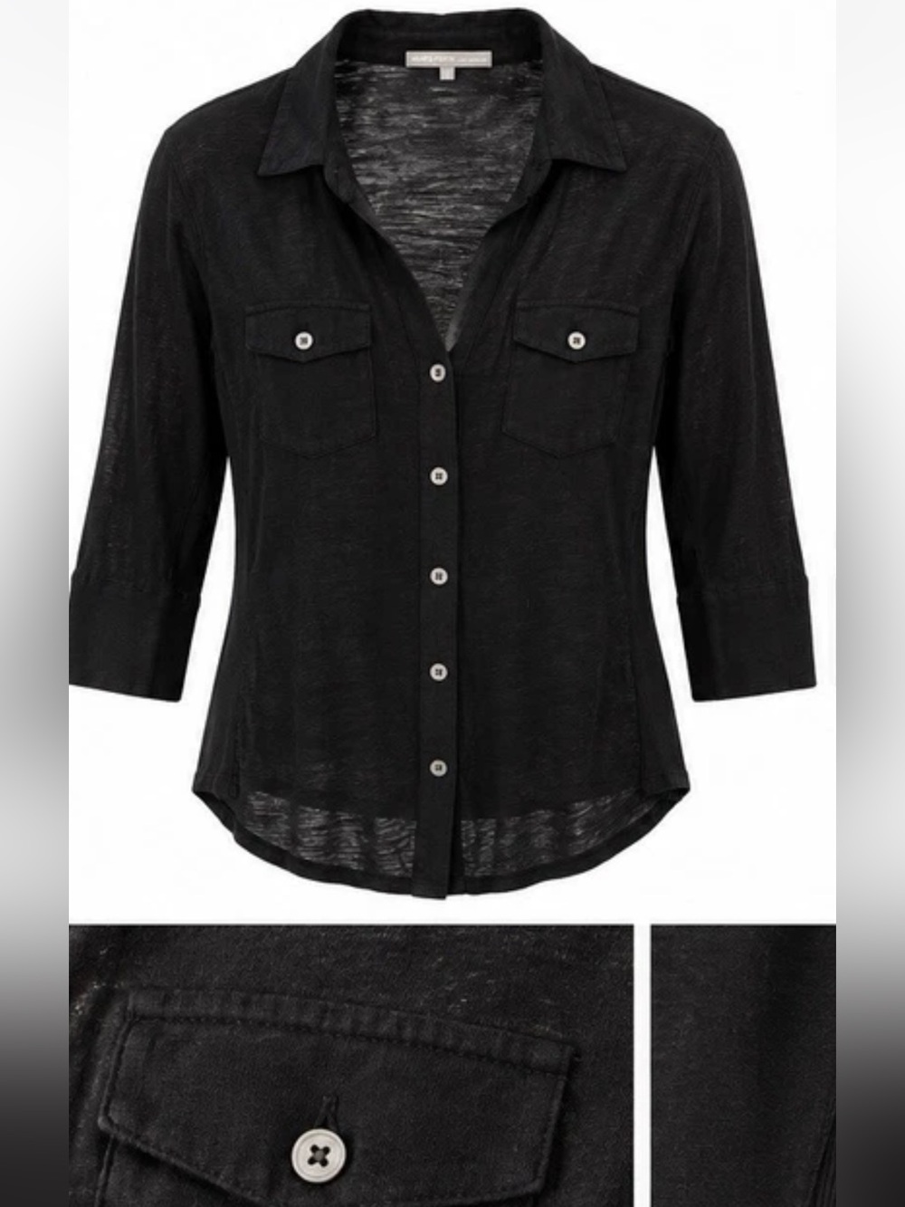 James Perse Black Cotton Slub Side Panel Button Down Shirt Size 3 slightly sheer